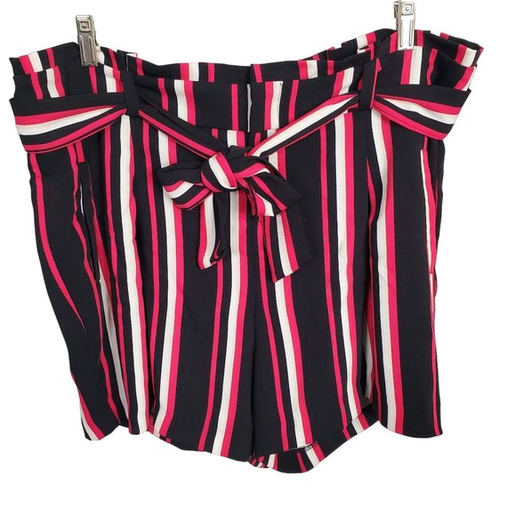 Torrid Size 16 Shorts Belt Crepe Paperbag High Waist Stretch Stripe Black Pink - Picture 2 of 8
